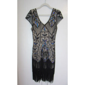 UNIQUE VINTAGE Black Sequins Beads Flapper M Roaring 20's Fringe Dress BR59